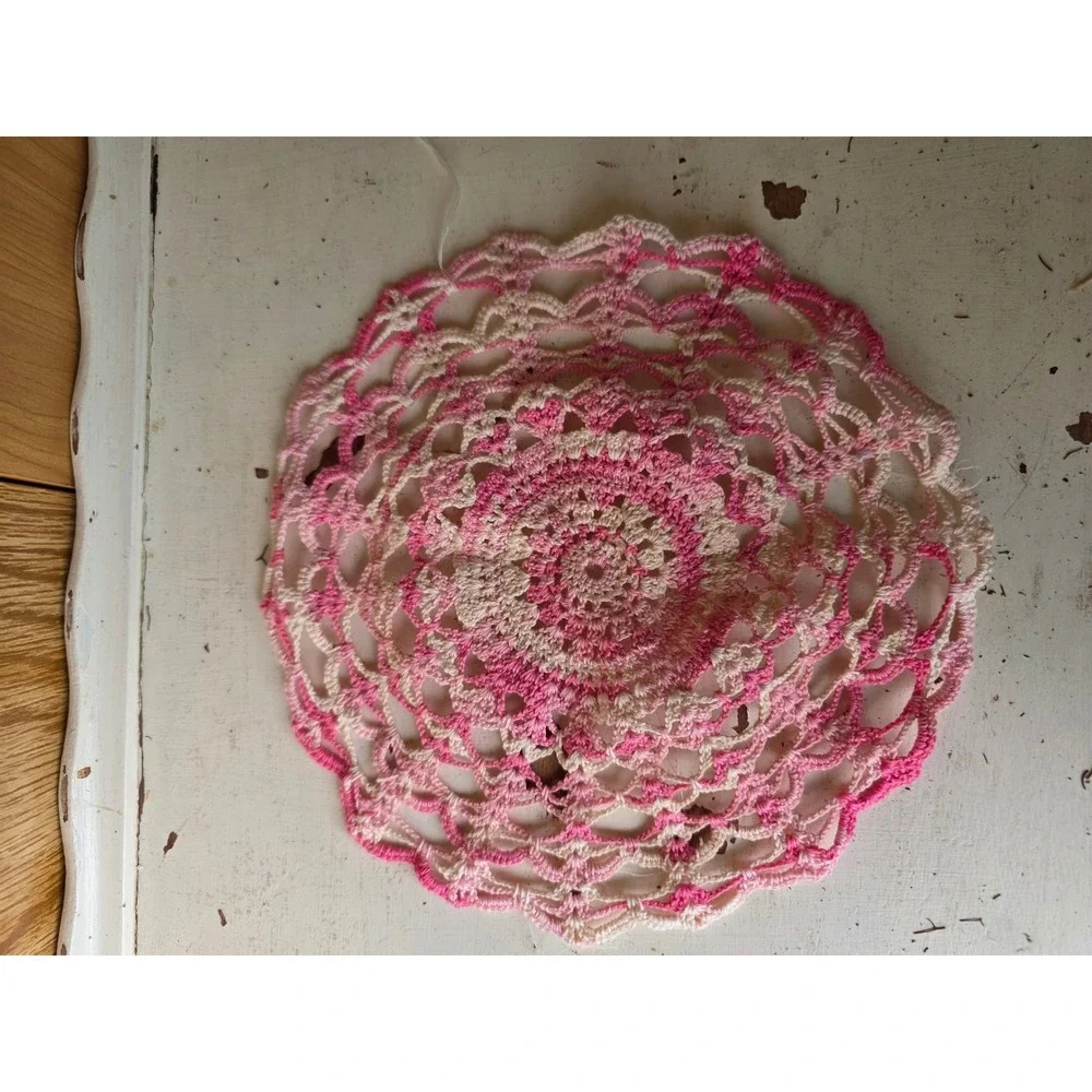 Lot of 5 Vintage Crochet Doilies Pink White Cream Lace Table Decor